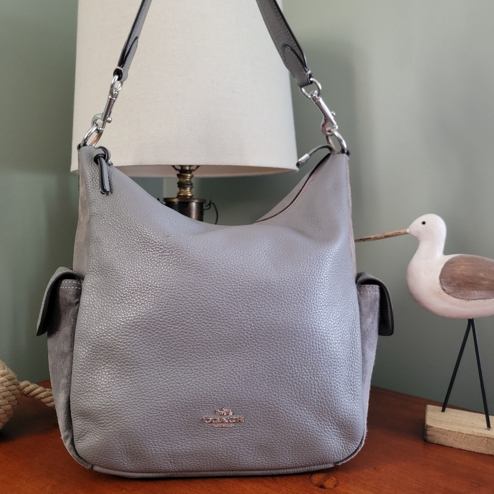 Coach C1522 Pennie Pebbled Leather Hobo Shoulder Bag Gray Suede